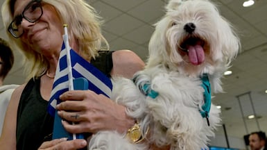 A passenger with her dog after their arrival in Athens. Getty Images