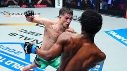 Biaggio Ali Walsh, left, on his way to victory over Adryan Grundy last August. Picture: PFL